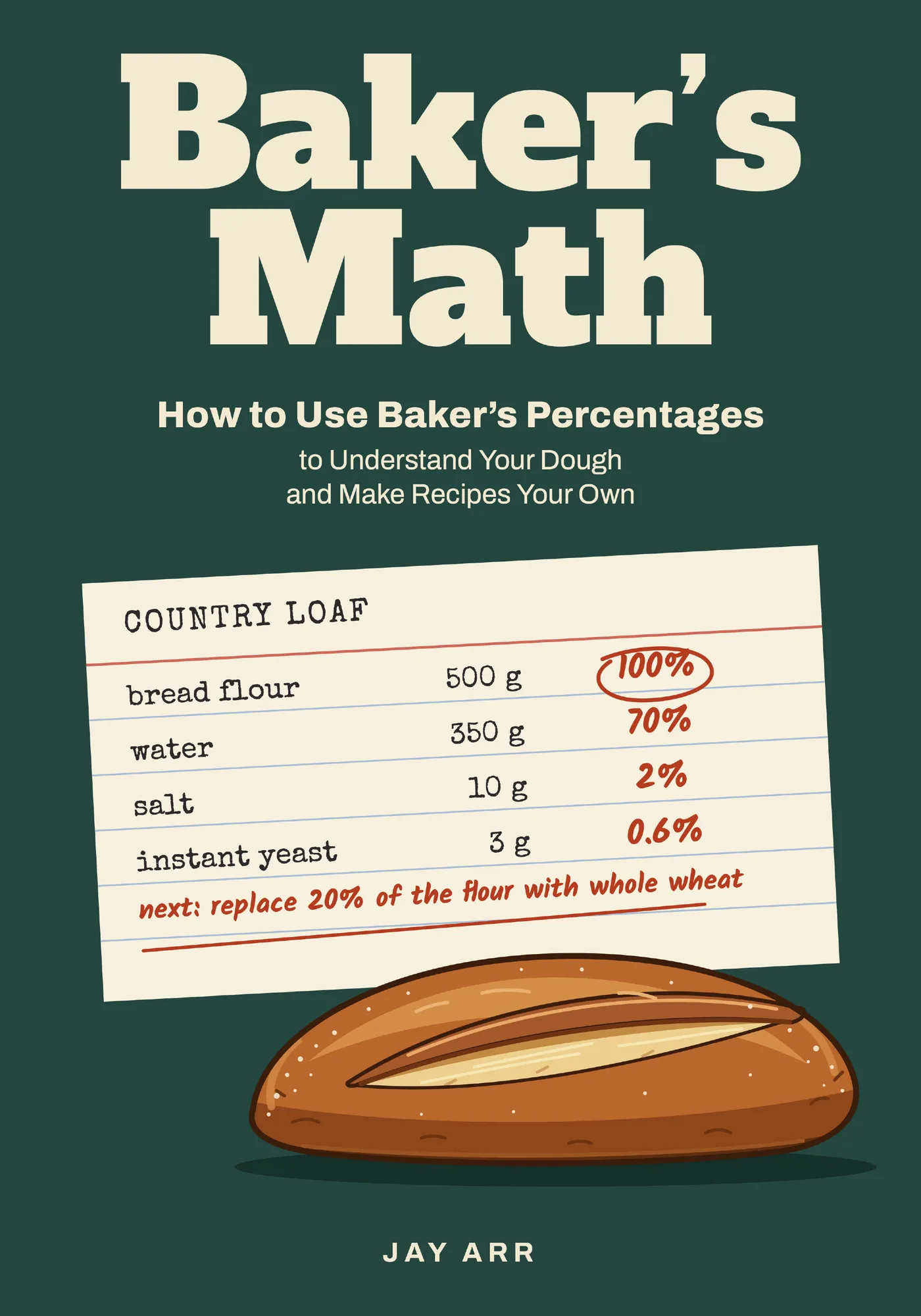 The cover of Baker's Math by Jay Arr: a green cover with a country-loaf recipe card listing bread flour at 100%, water at 70%, salt at 2% and instant yeast at 0.6%, above a drawn loaf.