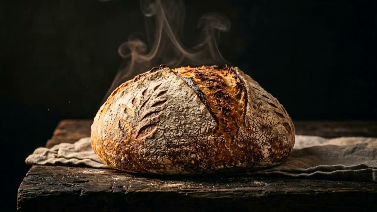 A freshly baked artisan sourdough loaf with steam rising, on a dark rustic surface