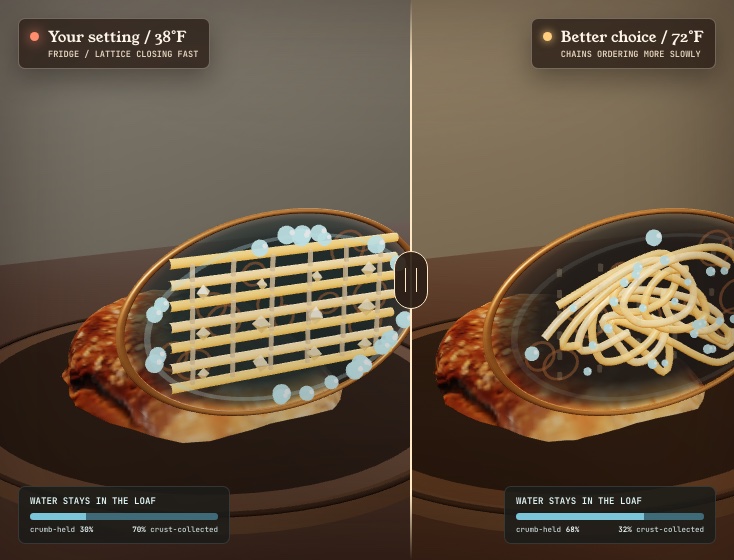 The same bread loaf compared at refrigerator and room temperature, with starch chains and conserved water visible